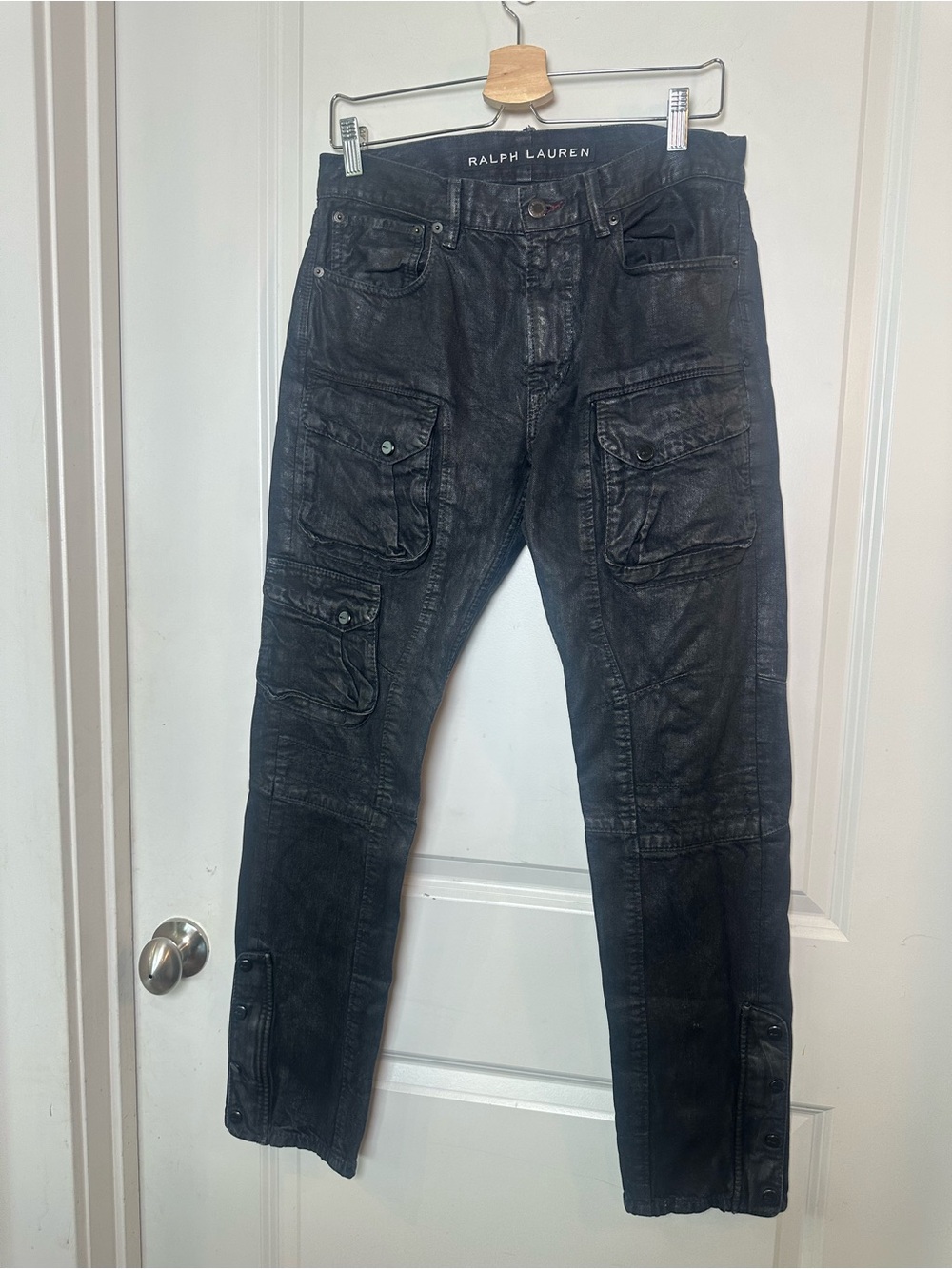 RALPH LAUREN Black Label Wax Cargo Moto AnkleZipper/Buttons Black Jeans, 32/32